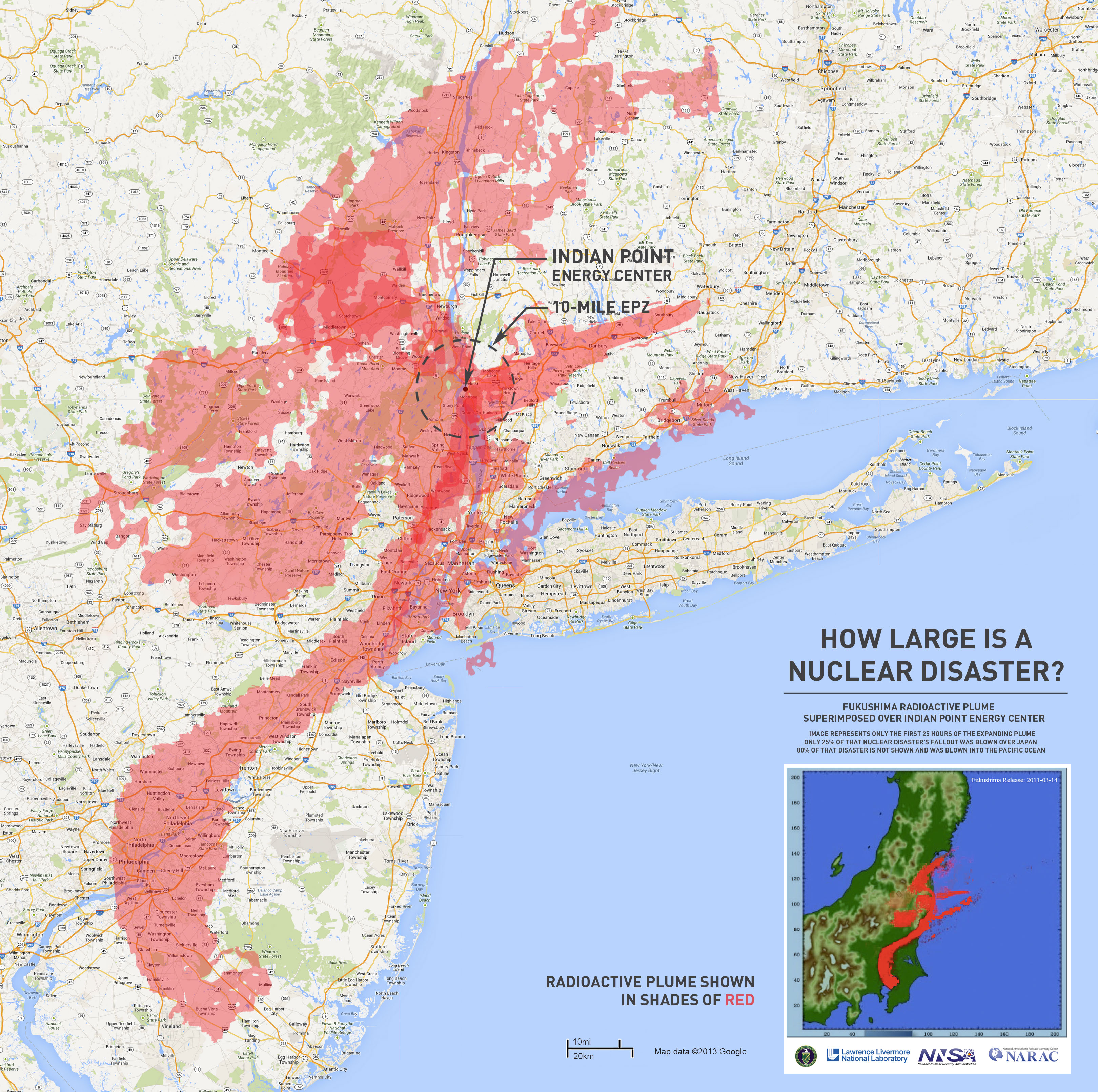 Fukushima radiation plume overlaid on map centered at Indian Point reactors. Can anyone (other than NRC) seriously believe this area can be successfully evacuated in a nuclear accident? From Samuel Lawrence Foundation website.