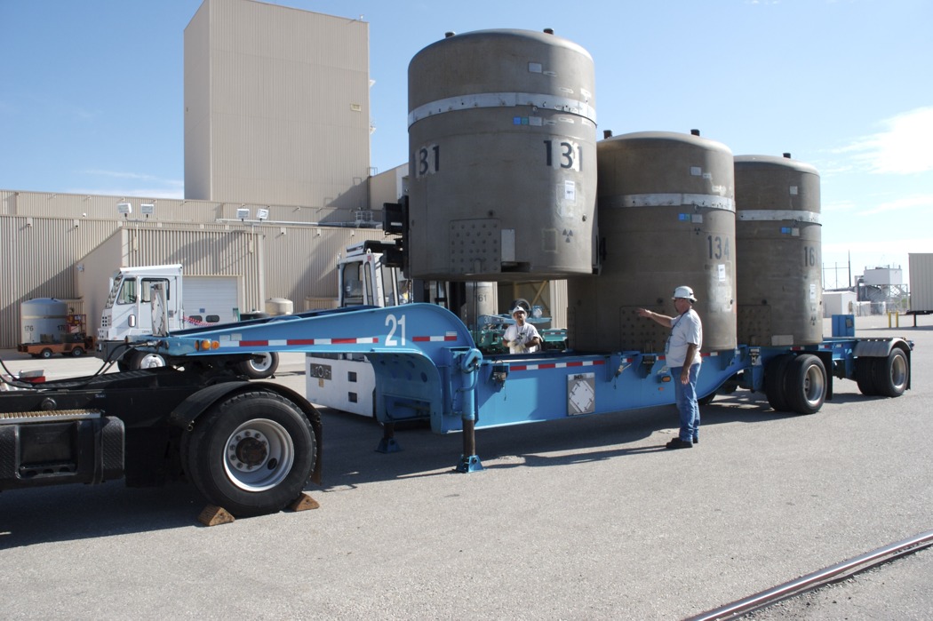 Radioactive waste casks outside the WIPP facility. Photo from DOE