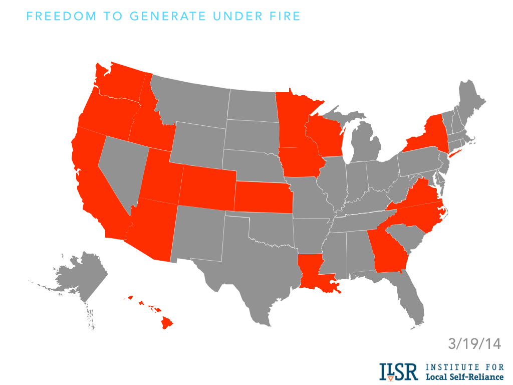 There are campaigns from right-wing groups like ALEC and many utilities in the orange states to limit rooftop solar development. Map from Institute for Local Self Reliance.