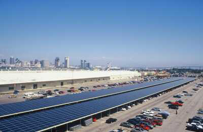 A U.S. navy solar-powered parking lot in San Diego, CA.